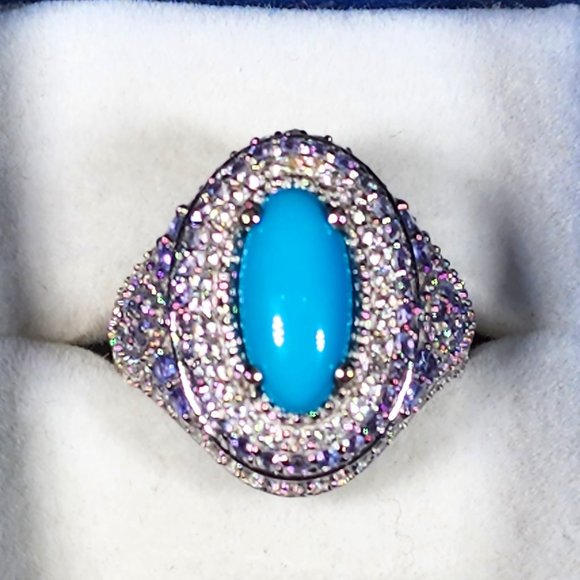 Sleeping Beauty Turquoise, Tanzanite & White Zircon cocktail ring in Plat/925 - Picture 1 of 6